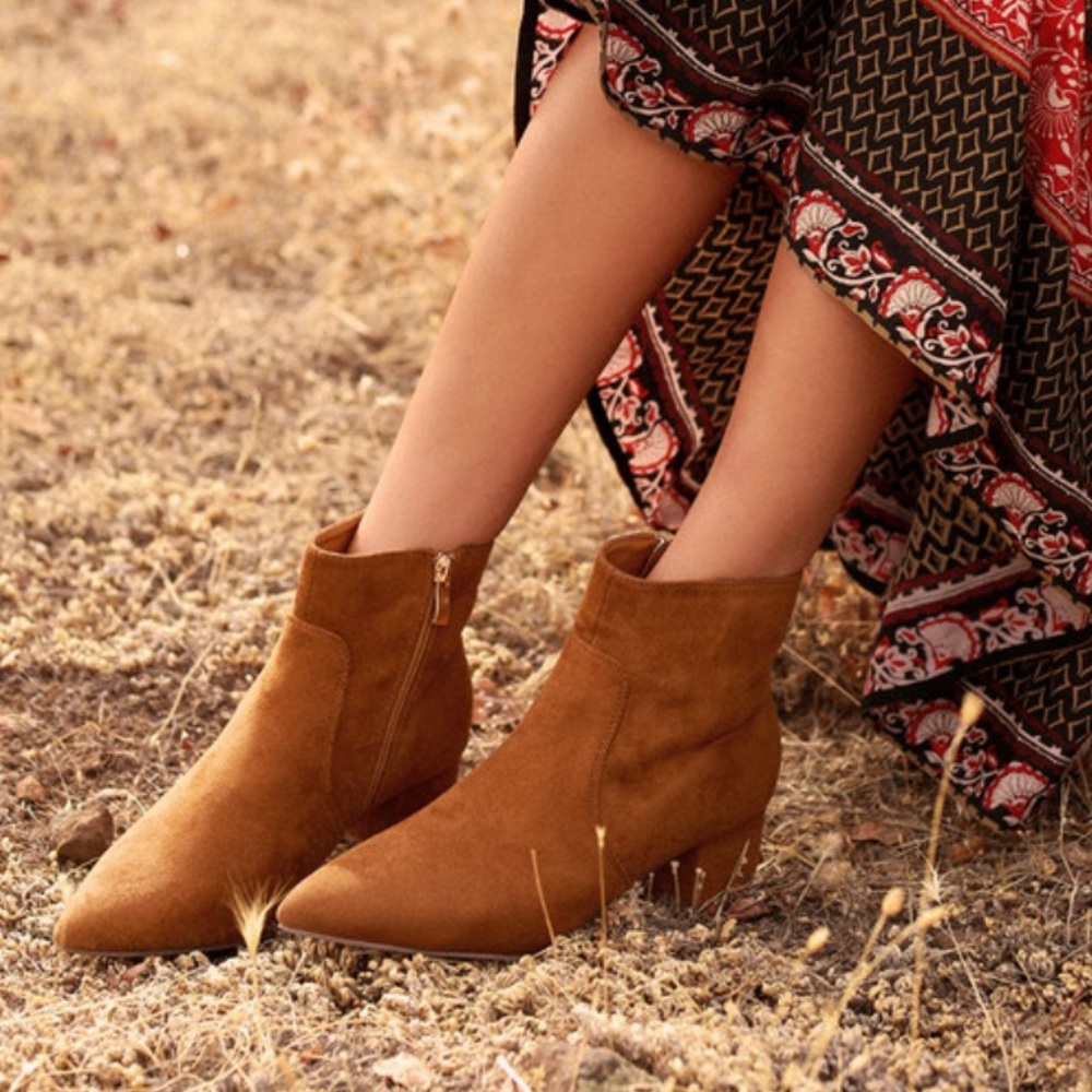 Lulus “Sofia” Tan Suede Pointed Toe Ankle Booties